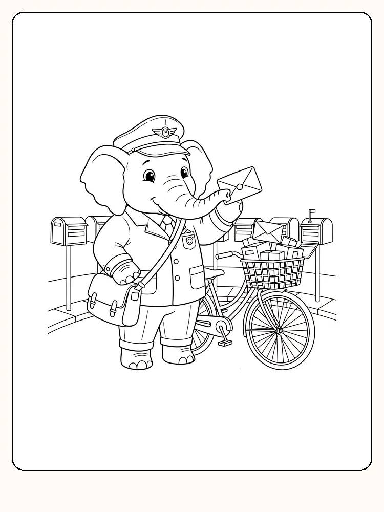 Tegning til farvelægning af en elefant i postuniform med brev og cykel