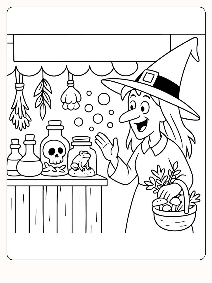 Ausmalbild einer Hexe in einem Zauberladen mit Kürbis und magischen Zutaten