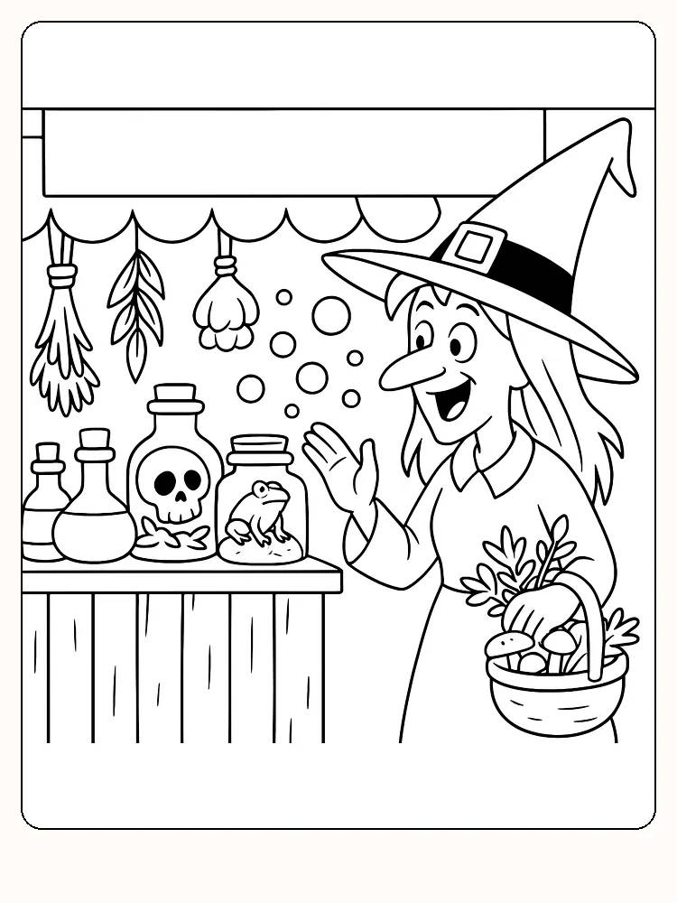Ausmalbild einer Hexe in einem Zauberladen mit Kürbis und magischen Zutaten