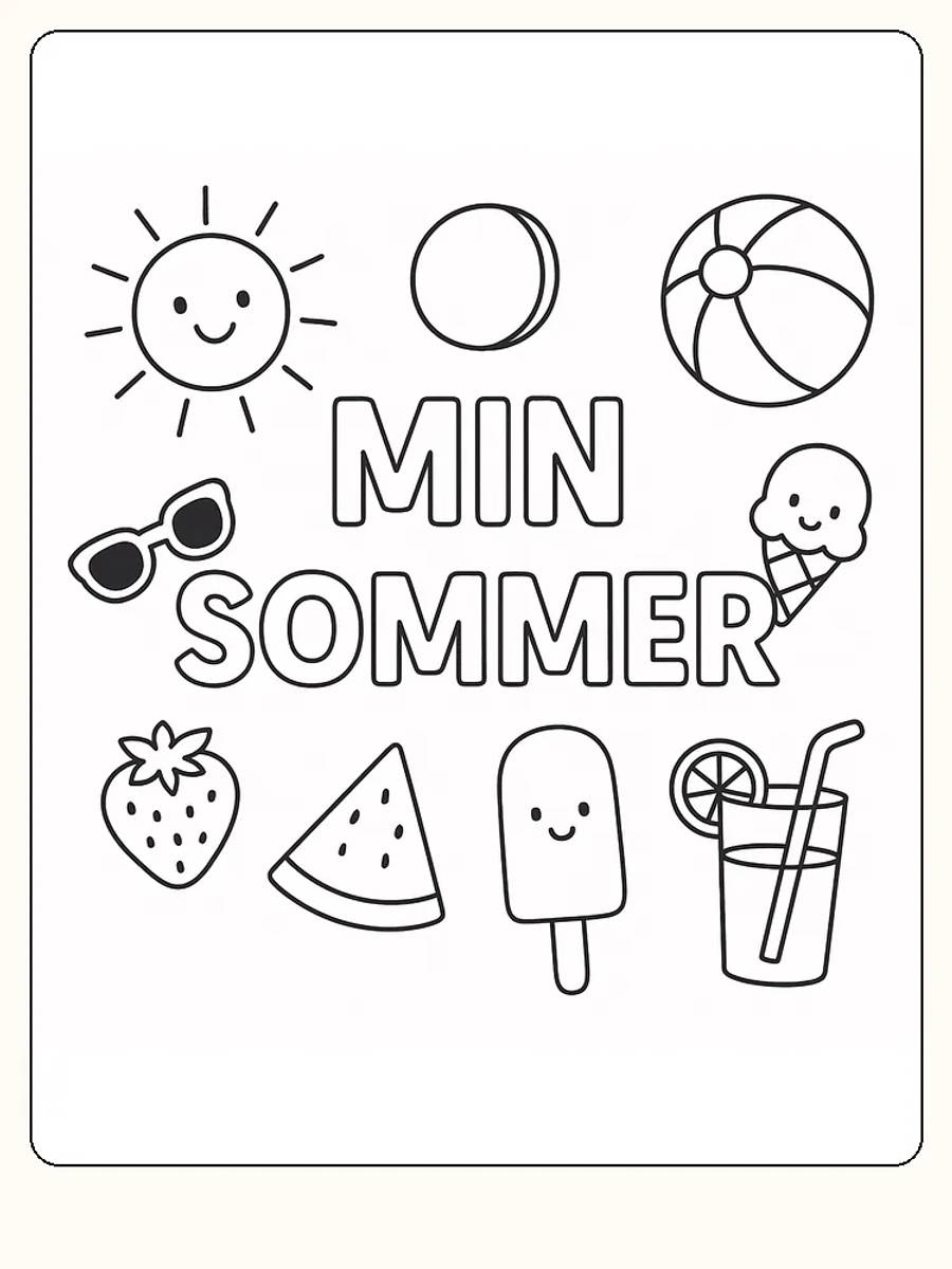 Fargelegging av sommermotiver som sol, is og vannmelon, med teksten 'Min Sommer'.