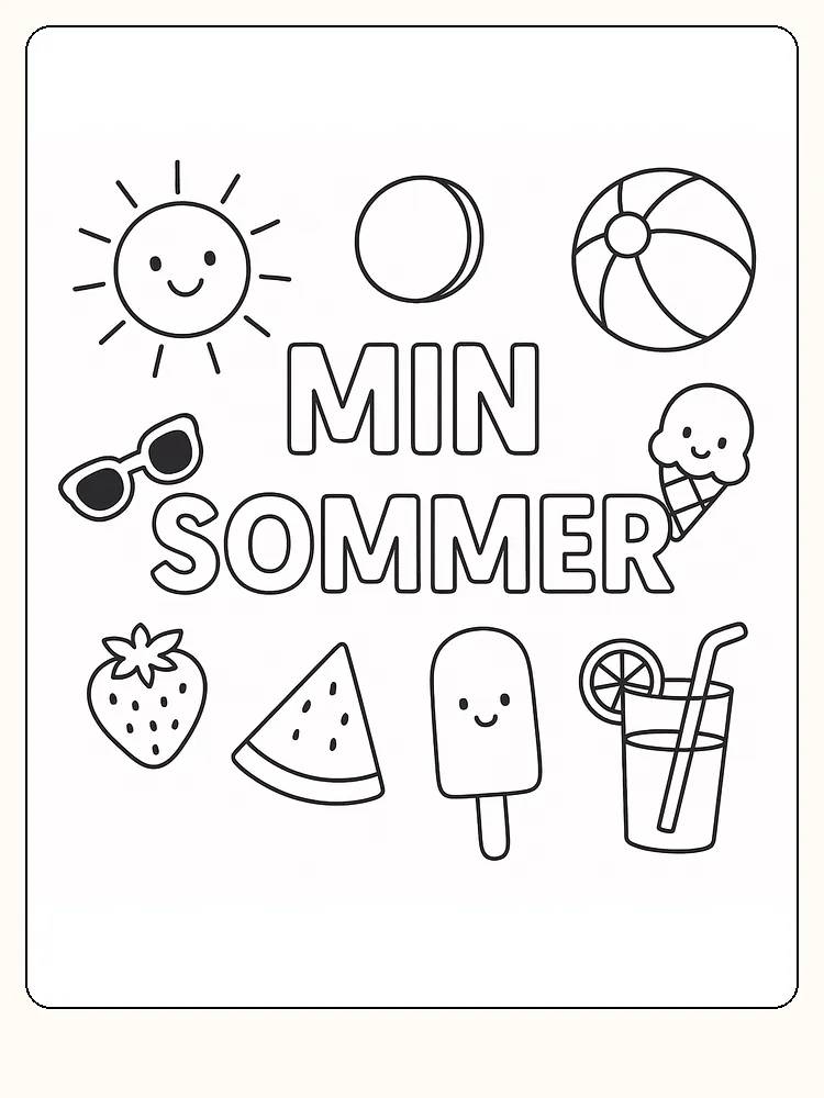 Fargelegging av sommermotiver som sol, is og vannmelon, med teksten 'Min Sommer'.
