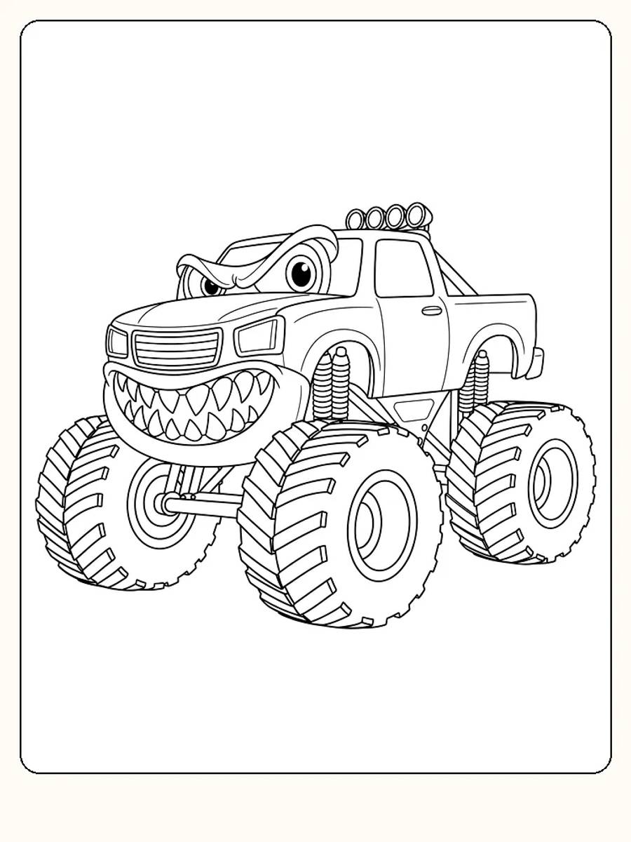 Fargeleggingstegning av en monstertruck med sint ansikt og store hjul