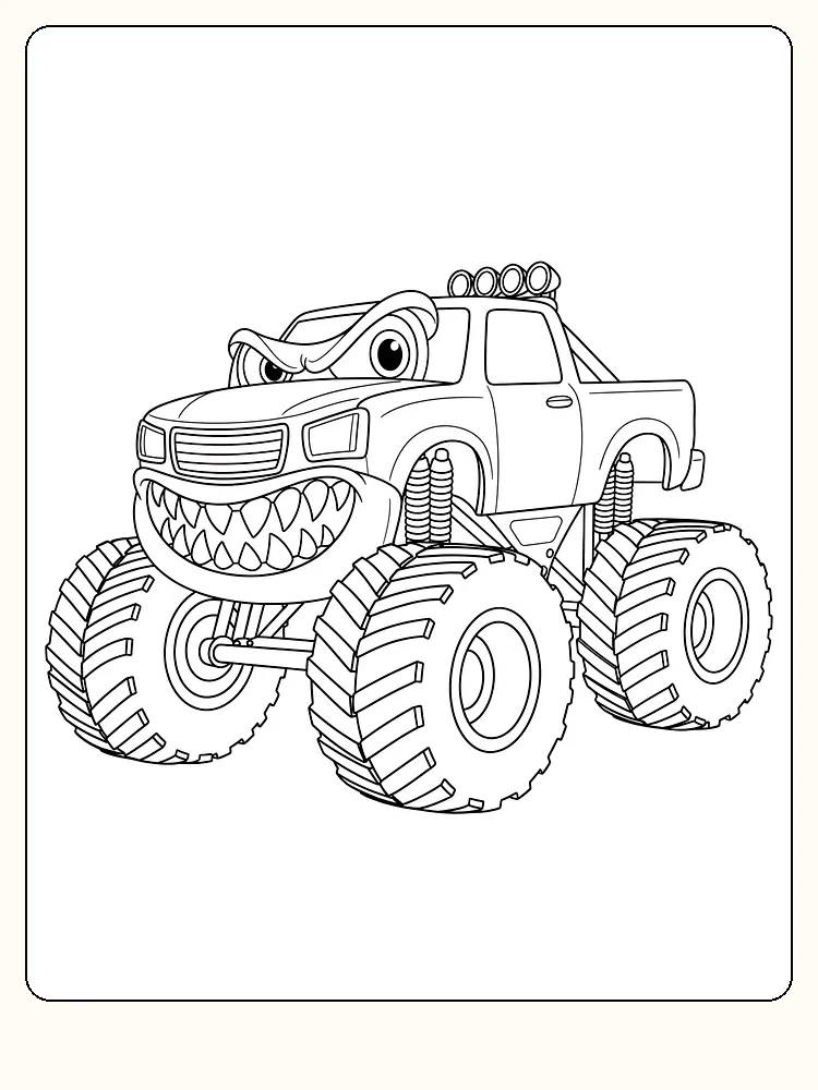 Fargeleggingstegning av en monstertruck med sint ansikt og store hjul
