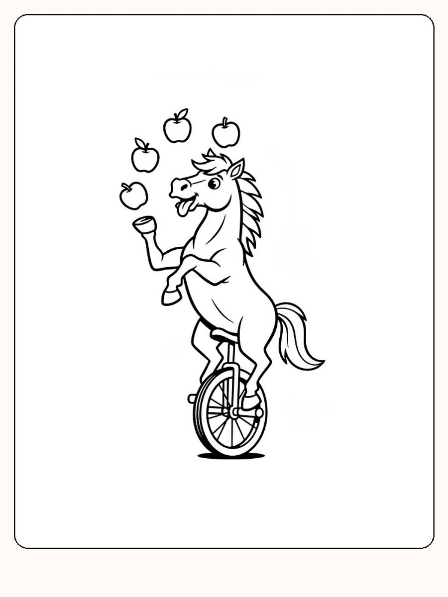 Tegning til farvelægning af en hest på ethjulet cykel, der jonglerer med æbler, klar til print