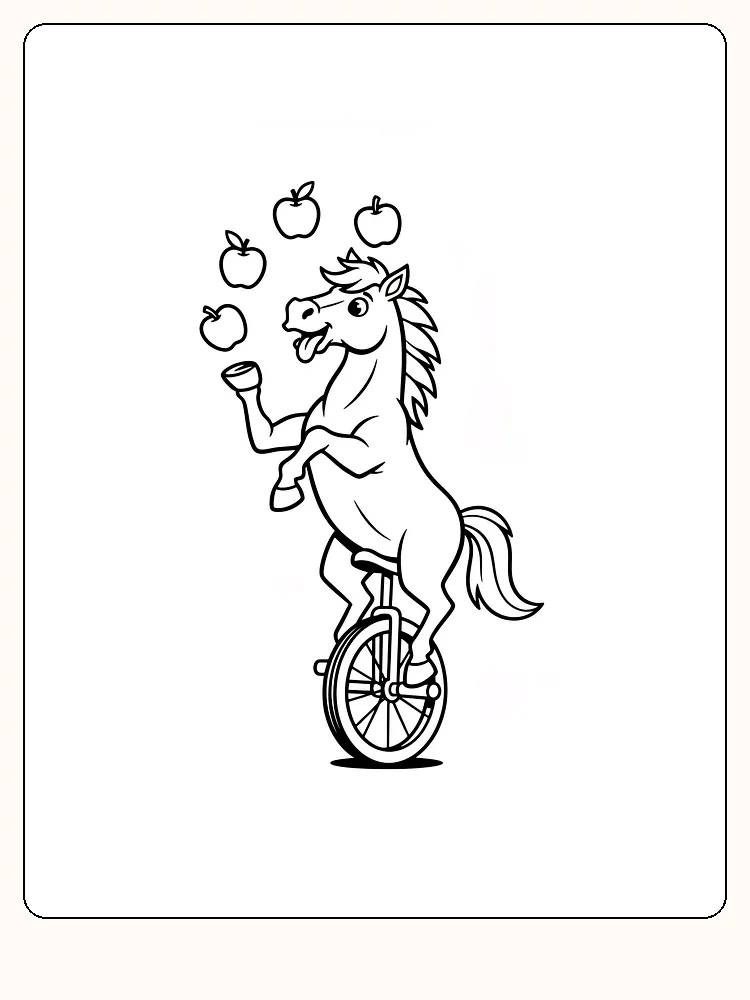 Tegning til farvelægning af en hest på ethjulet cykel, der jonglerer med æbler, klar til print