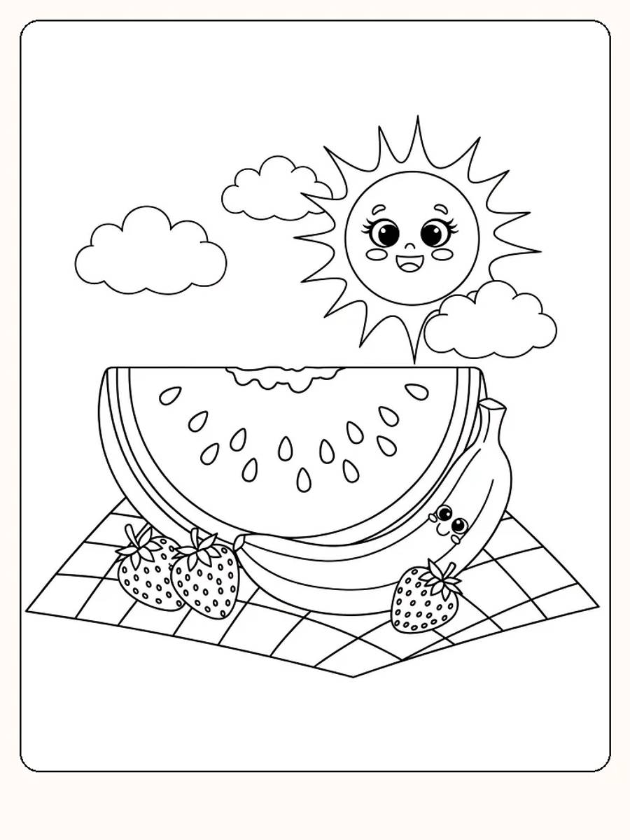 Fargelegging av sol, vannmelon, banan og jordbær på piknikpledd