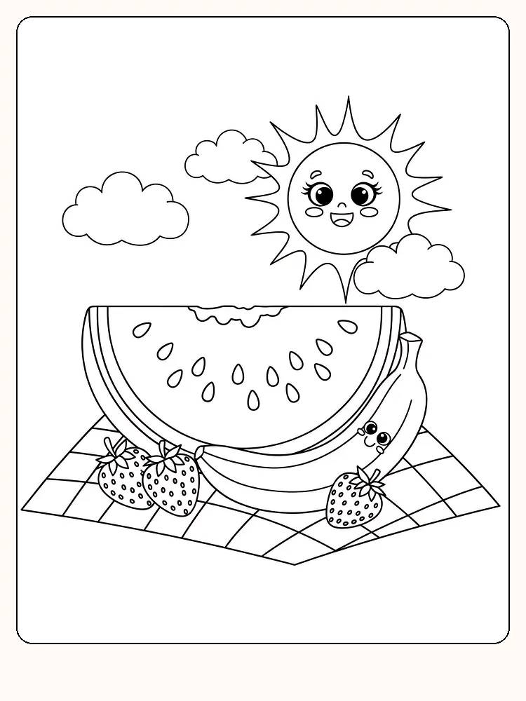 Fargelegging av sol, vannmelon, banan og jordbær på piknikpledd