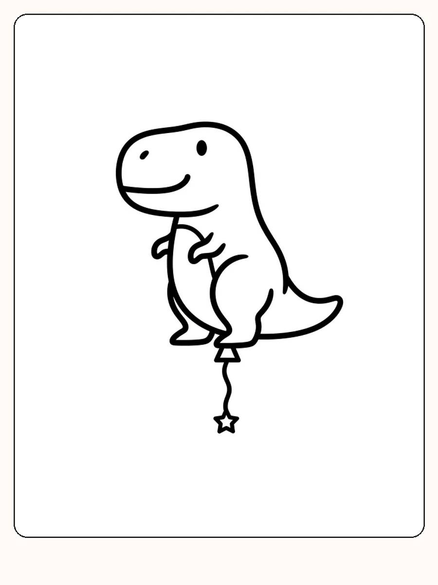 Tegning til farvelægning af en lille dinosaur, der holder en ballon med en stjerneformet hale, klar til print