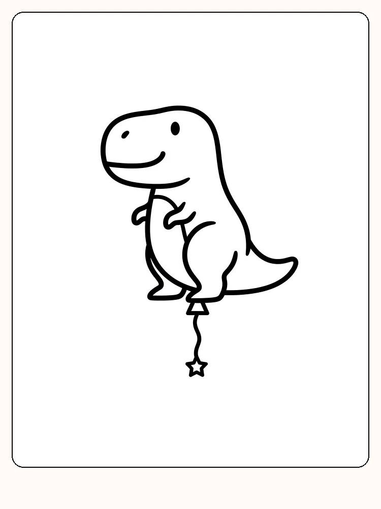 Tegning til farvelægning af en lille dinosaur, der holder en ballon med en stjerneformet hale, klar til print