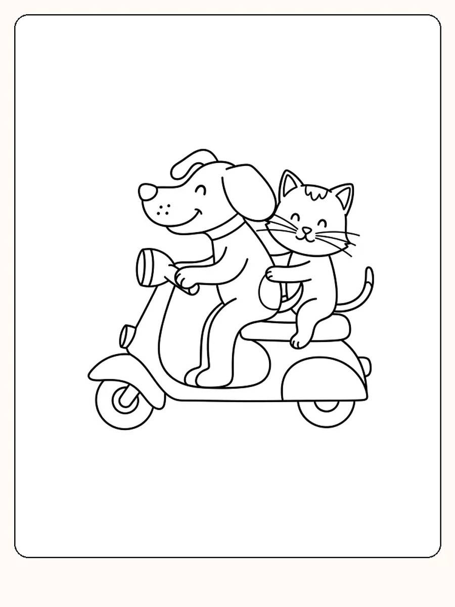 Fargeleggingsbilde av en hund og katt som kjører scooter, klar for fargelegging