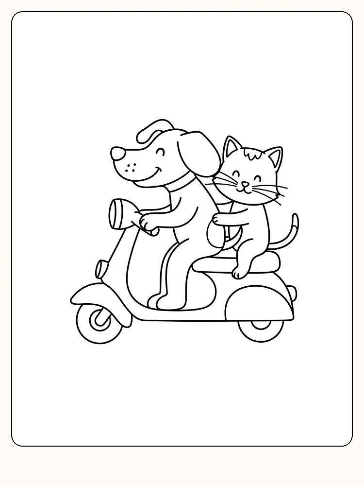 Fargeleggingsbilde av en hund og katt som kjører scooter, klar for fargelegging