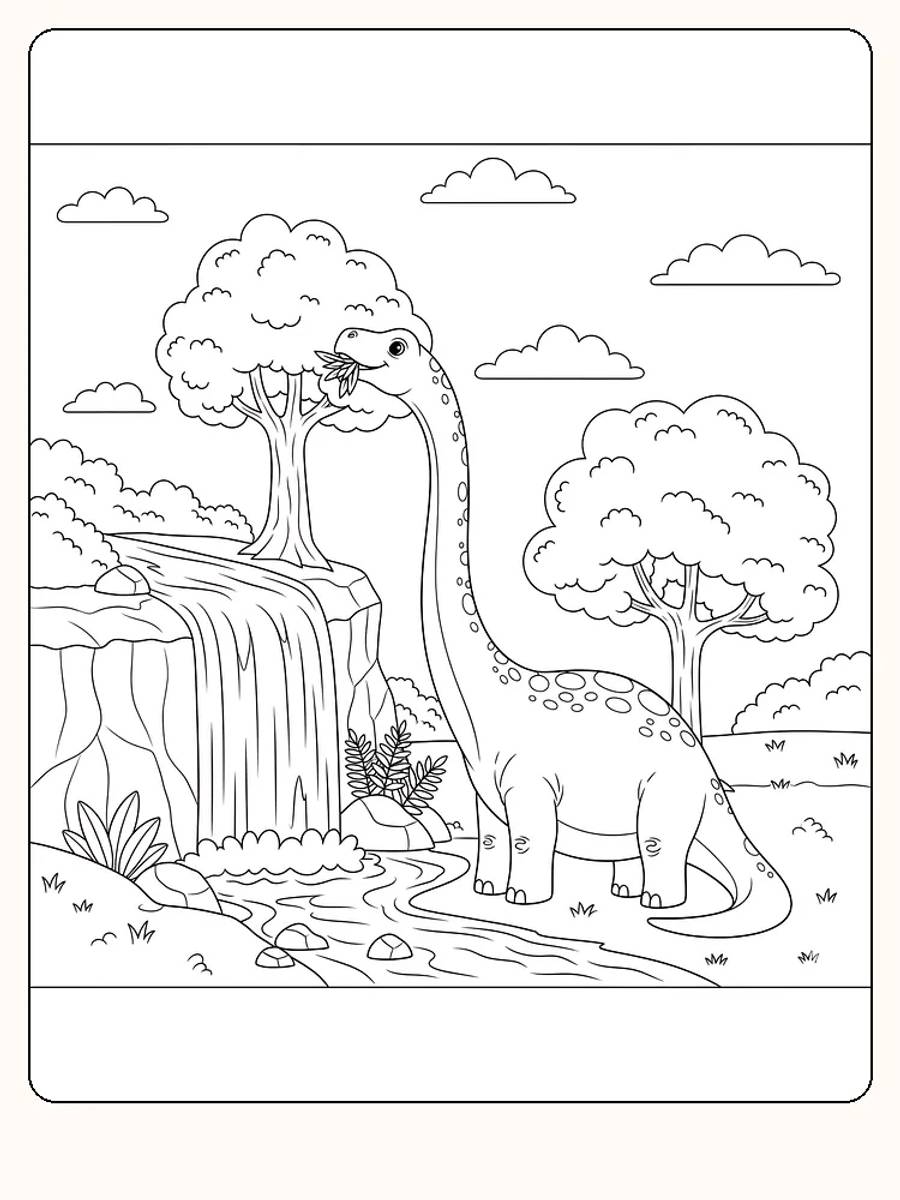 Fargeleggingstegning av en dinosaur i naturlandskap med trær og foss, klar for utskrift