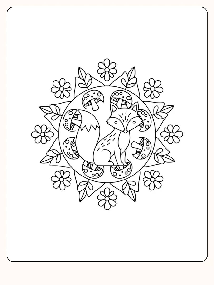 Fargelegging av rev omgitt av sopp og blomster i mandala, klar for utskrift