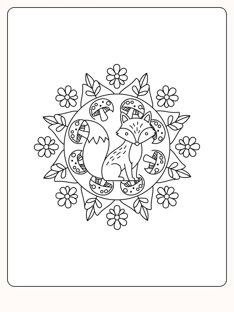 Fargelegging av rev omgitt av sopp og blomster i mandala, klar for utskrift