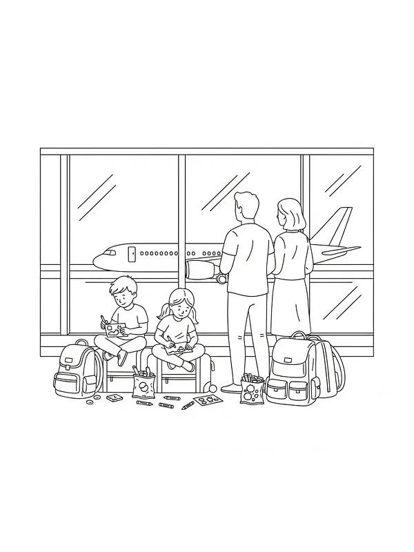 Familie, der venter i lufthavnen