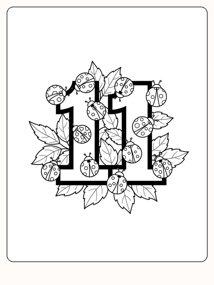 Ausmalbild des Zahl 11 mit Marienkäfern und Blättern drumherum, bereit zum Ausdrucken.