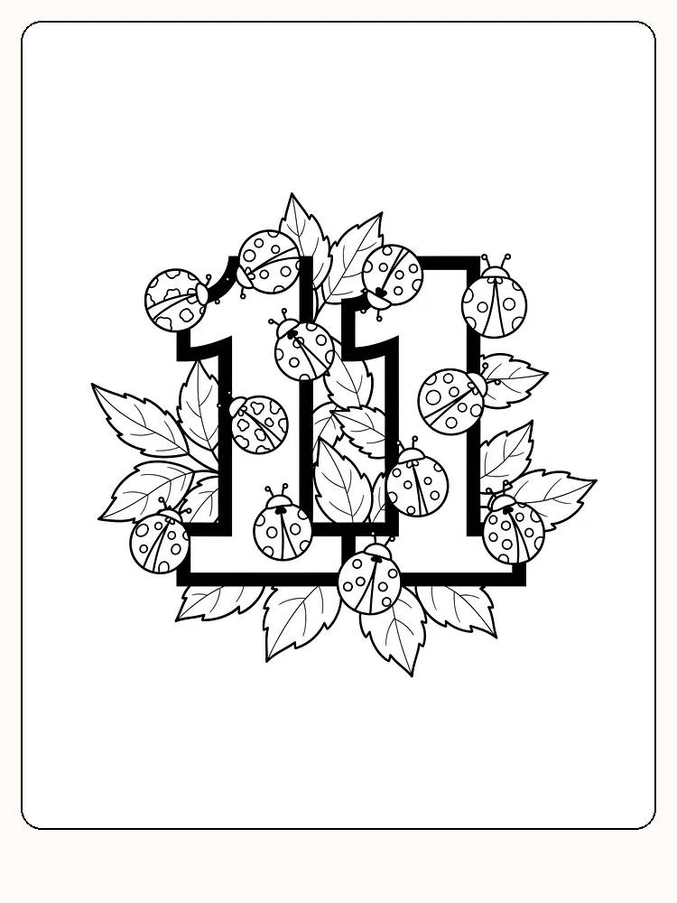 Ausmalbild des Zahl 11 mit Marienkäfern und Blättern drumherum, bereit zum Ausdrucken.