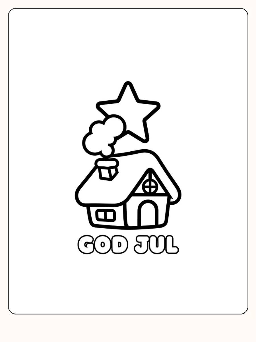Fargeleggingstegning av et julehus med stjerne og tekst 'God Jul', klar for utskrift