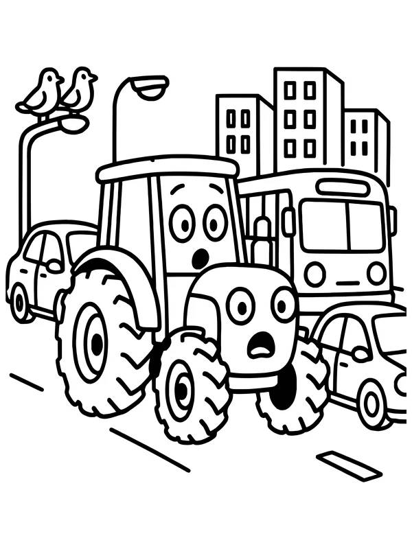 Traktor i by med biler