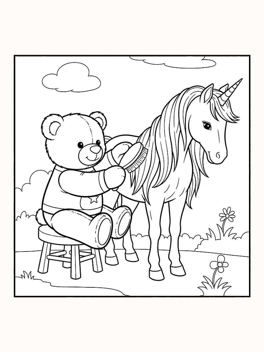 Ausmalbild von einem Bären, der ein Einhorn mit einer großen Mähne in der Natur pflegt.