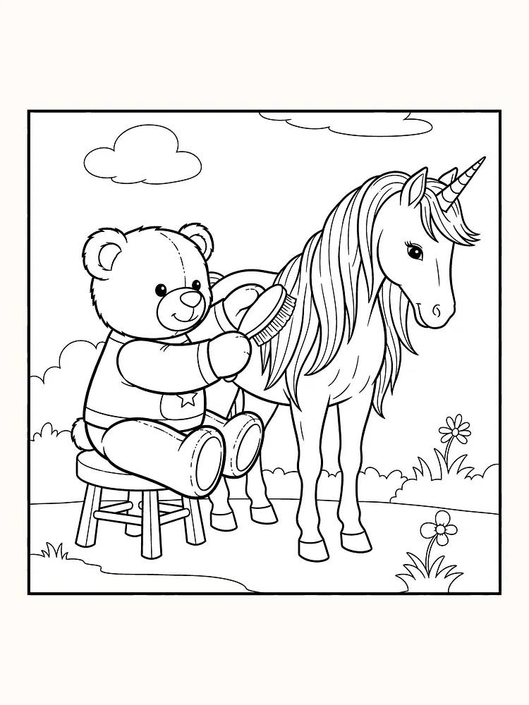 Ausmalbild von einem Bären, der ein Einhorn mit einer großen Mähne in der Natur pflegt.