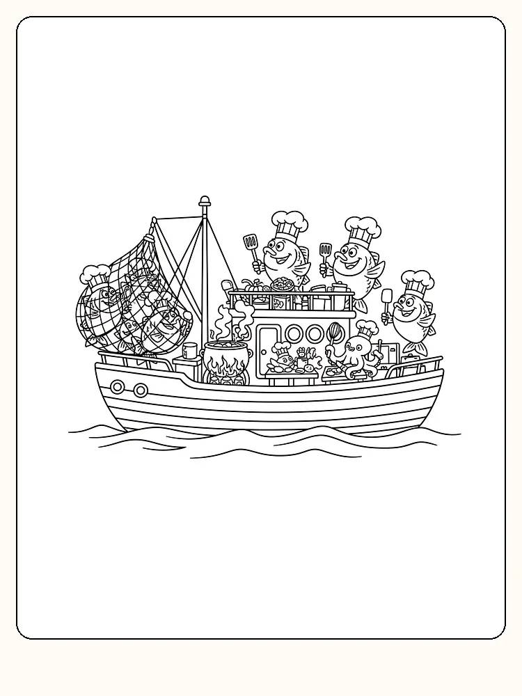 Ausmalbild von Fischern mit Kochmützen auf einem Boot, bereit zum Ausdrucken.
