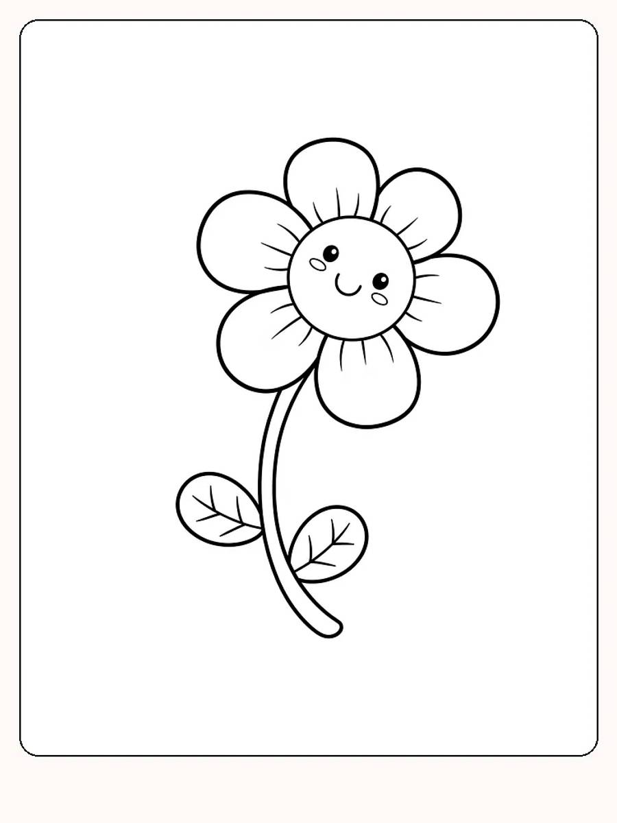 Tegning til farvelægning af en blomst med et smilende ansigt, klar til print