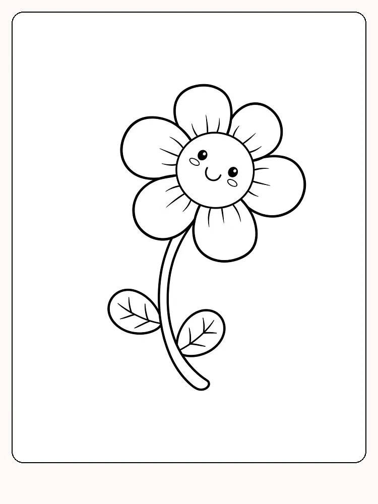 Tegning til farvelægning af en blomst med et smilende ansigt, klar til print