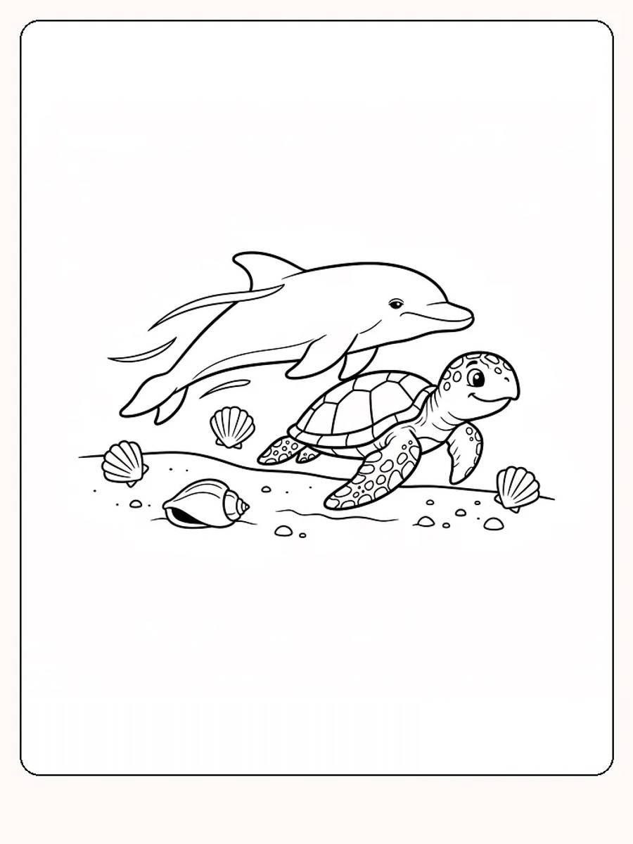 Tegning til farvelægning af en delfin og en skildpadde, der svømmer i havet med muslinger rundt om, klar til print