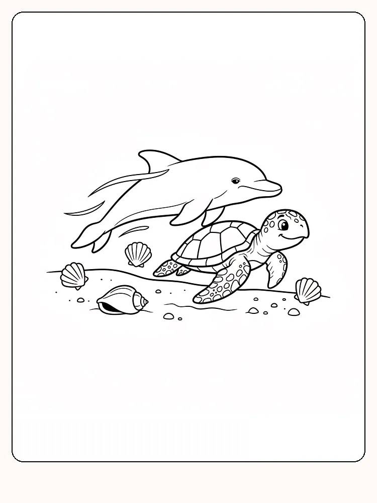 Tegning til farvelægning af en delfin og en skildpadde, der svømmer i havet med muslinger rundt om, klar til print