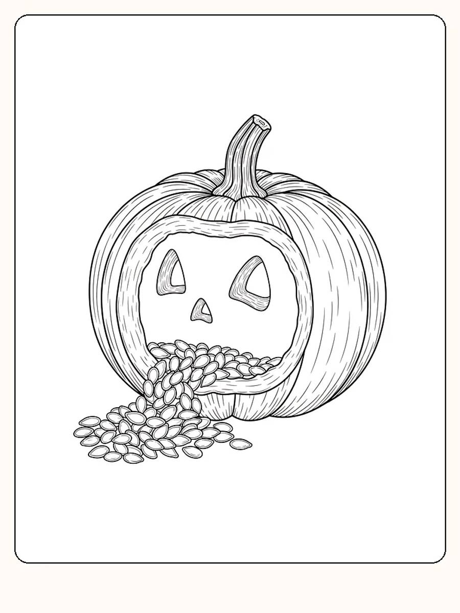 Tegning til farvelægning af et halloweengræskar, hvor frøene vælter ud, perfekt til print