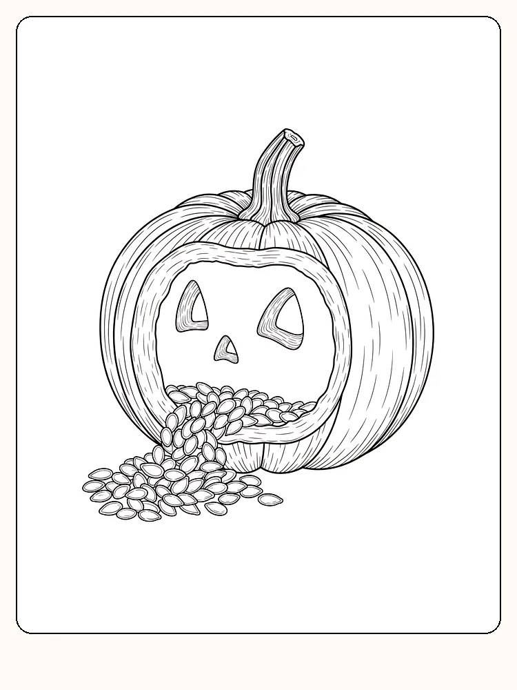 Tegning til farvelægning af et halloweengræskar, hvor frøene vælter ud, perfekt til print