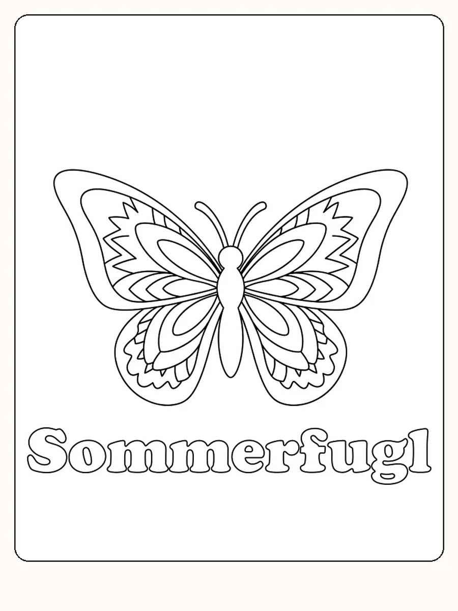 Fargeleggingstegning av en detaljert sommerfugl med vakre mønstre, klar for utskrift