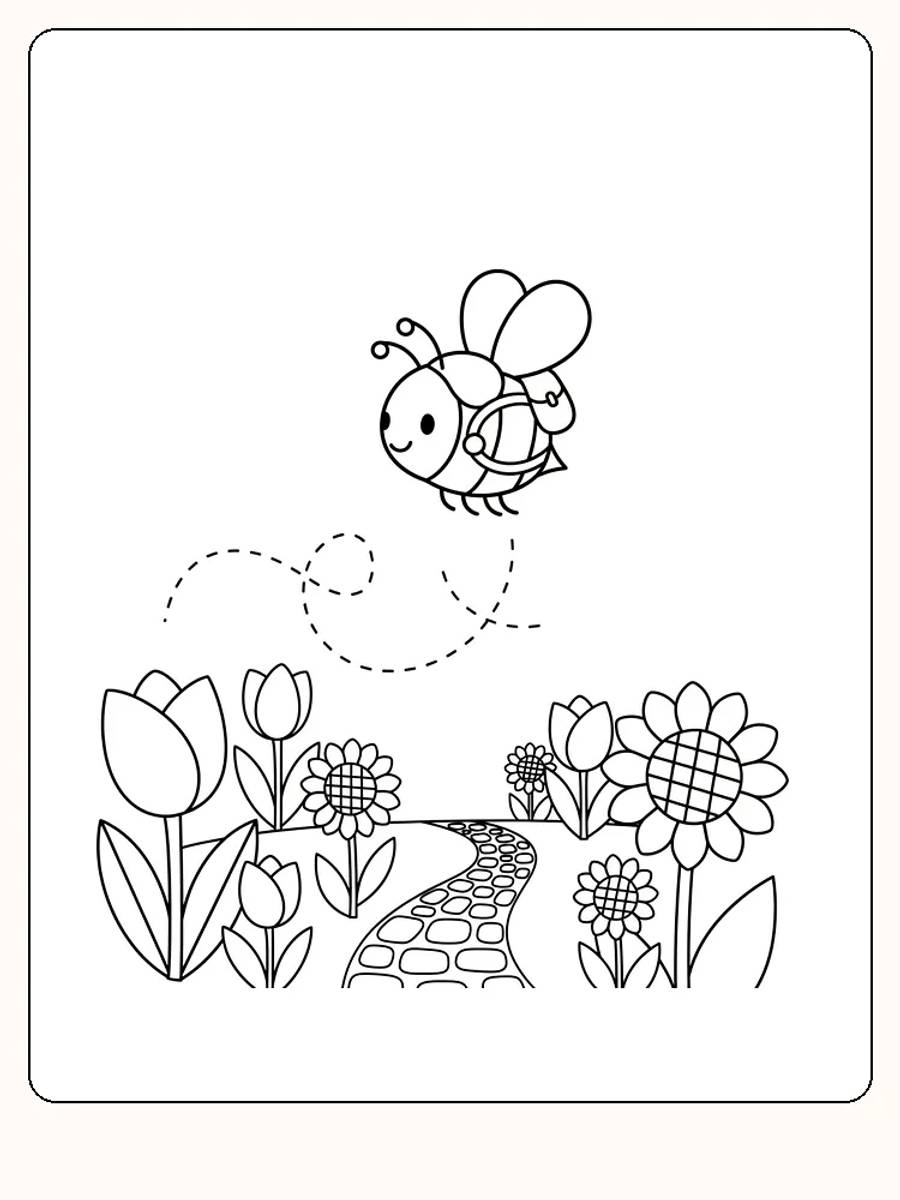 Fargeleggingstegning av en bie som flyr over en blomsterhage med sti og blomster