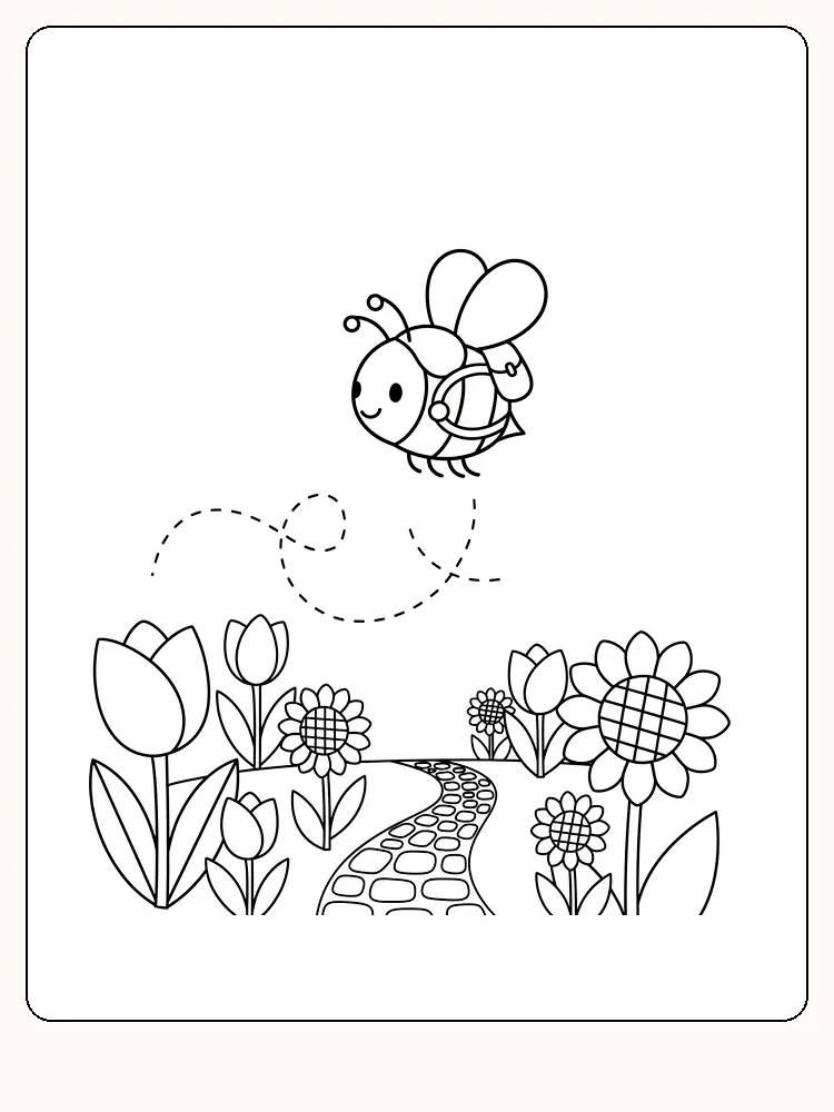 Fargeleggingstegning av en bie som flyr over en blomsterhage med sti og blomster