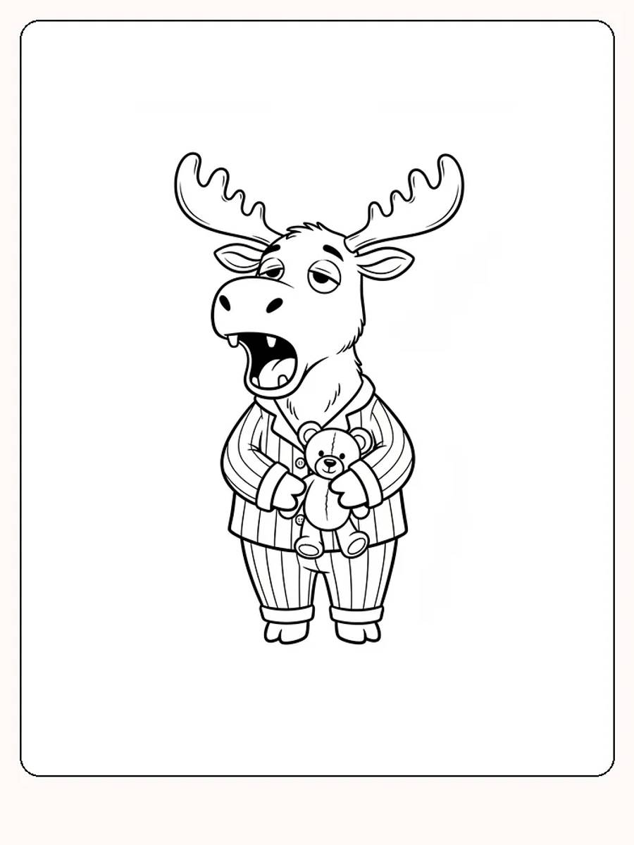 Tegning til farvelægning af en elg i pyjamas, der holder en bamse, klar til print