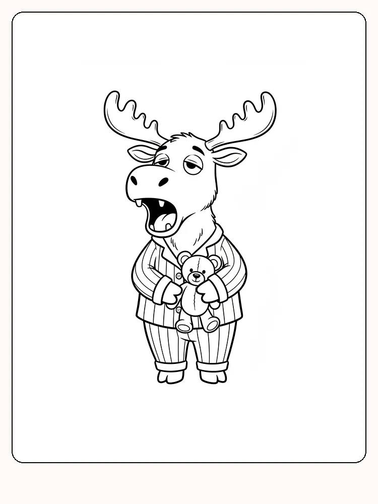 Tegning til farvelægning af en elg i pyjamas, der holder en bamse, klar til print