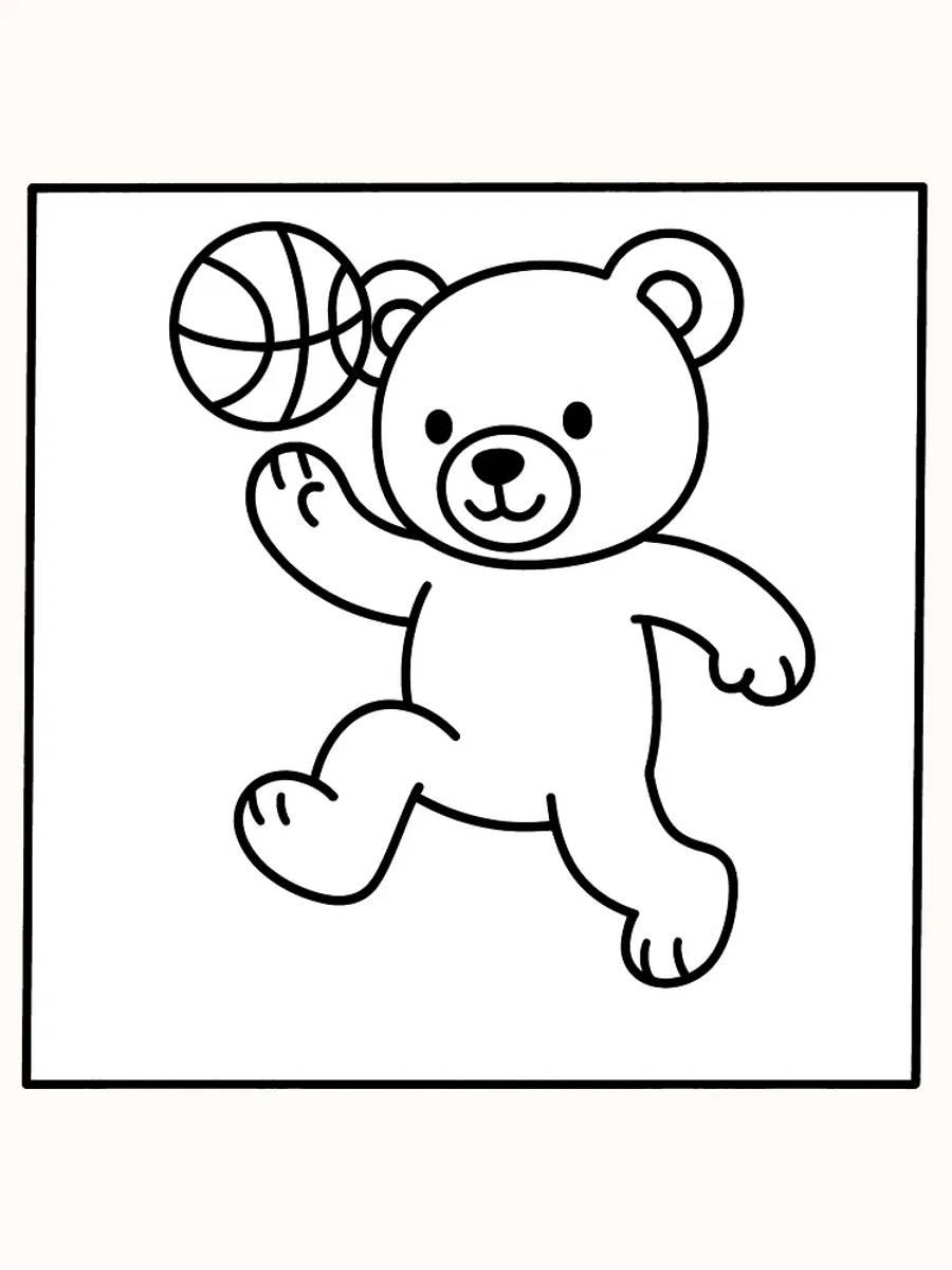 Ausmalbild eines Bären, der Basketball spielt, bereit zum Ausdrucken.