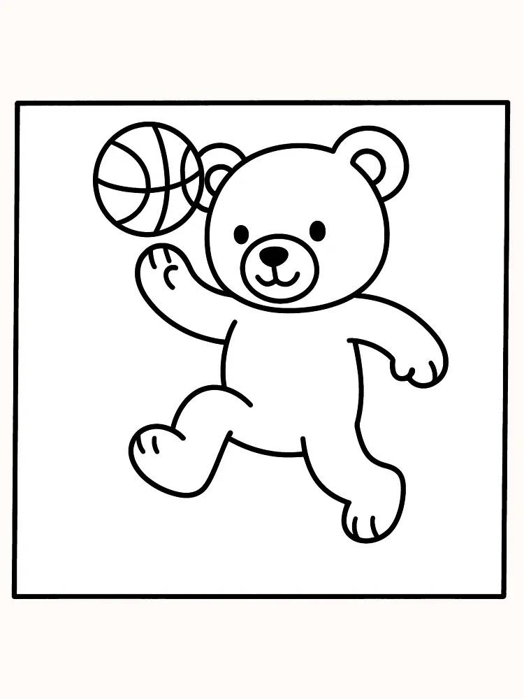 Ausmalbild eines Bären, der Basketball spielt, bereit zum Ausdrucken.