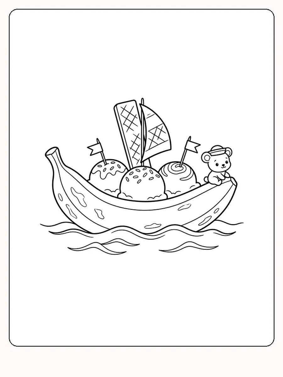 Bateau-banane avec glace : trois boules de glace, une gaufre en guise de voile et un ours en peluche coiffé d'un bonnet de marin sur des vagues