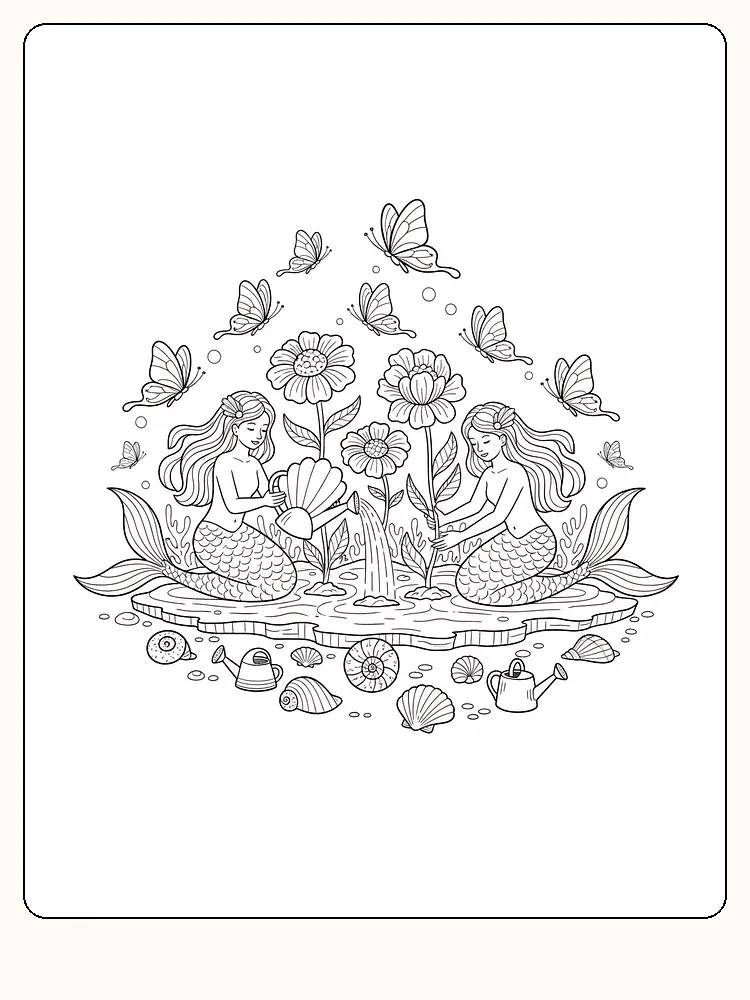 Tegning til farvelægning af to havfruer med sommerfugle og blomster, klar til print