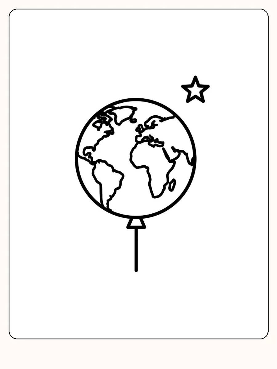 Tegning til farvelægning af globus med stjerne ved siden af, klar til print
