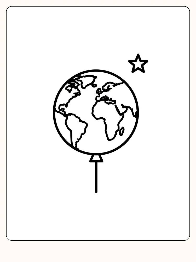 Tegning til farvelægning af globus med stjerne ved siden af, klar til print