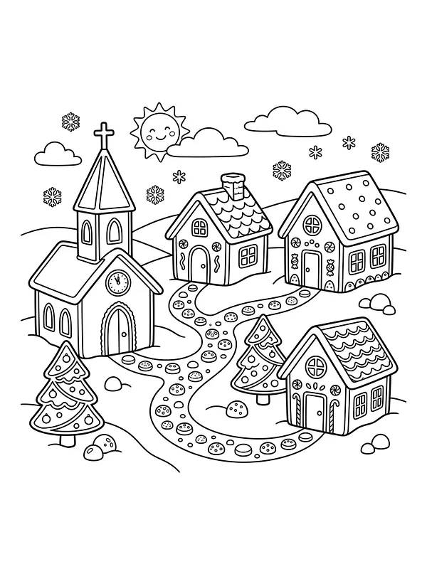 Brunkageby med kirke og tre små huse