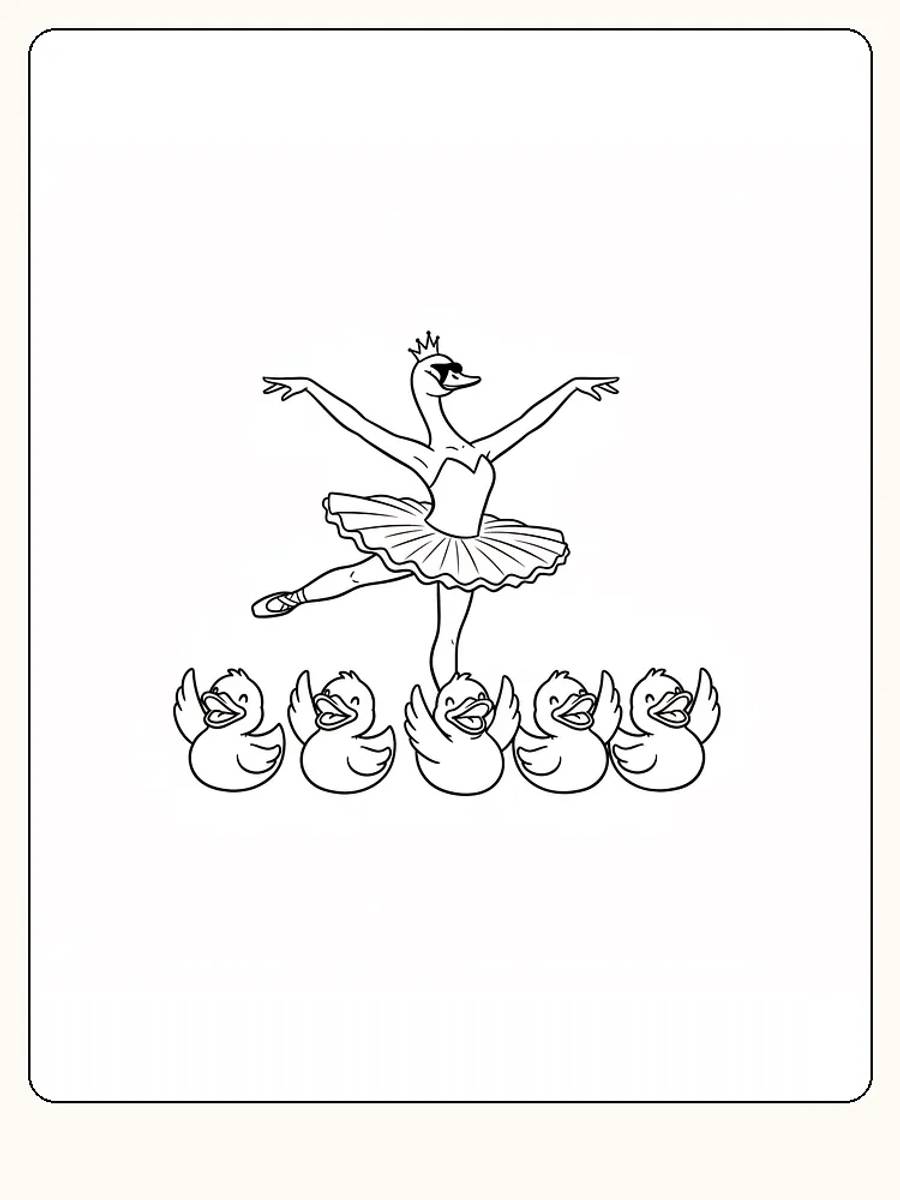 Fargeleggingstegning av en svane som ballerina omgitt av ender, klar for utskrift