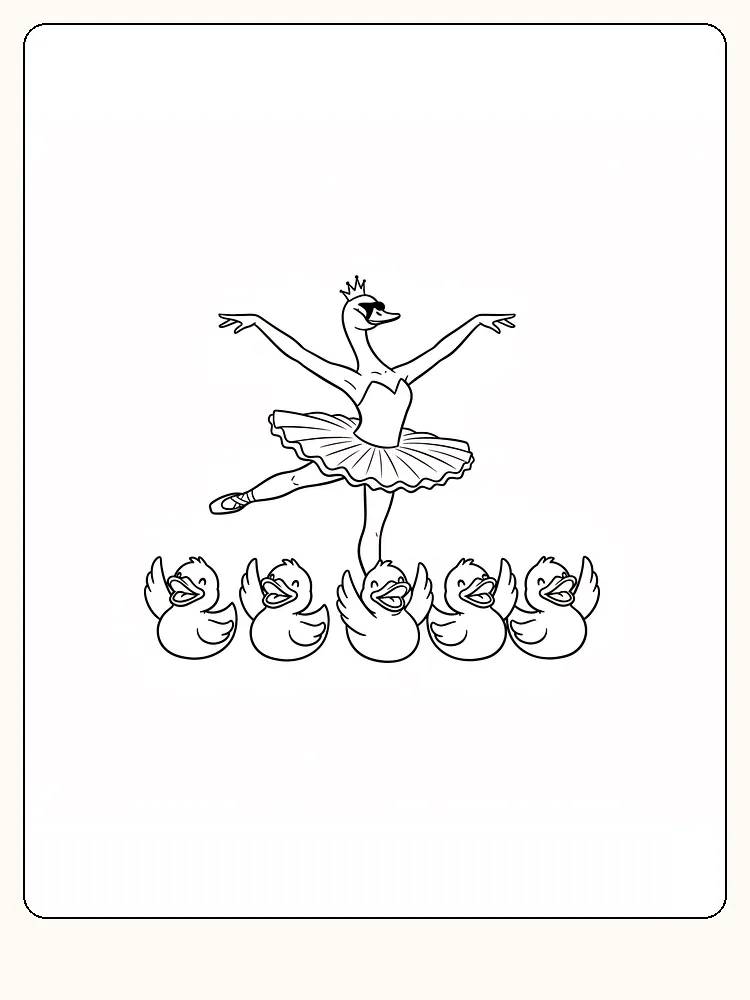 Fargeleggingstegning av en svane som ballerina omgitt av ender, klar for utskrift