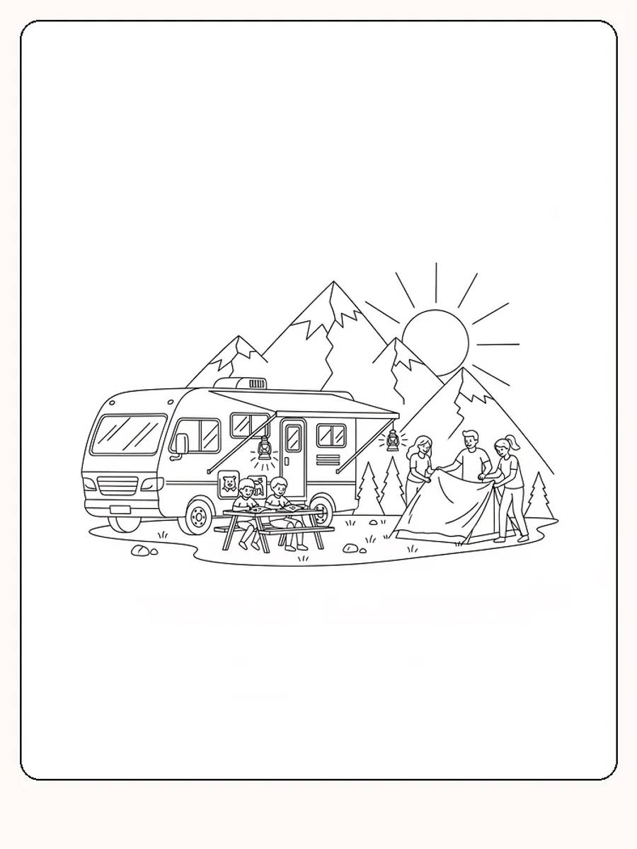 Tegning til farvelægning af en familie på campingtur i bjergene med solen i baggrunden