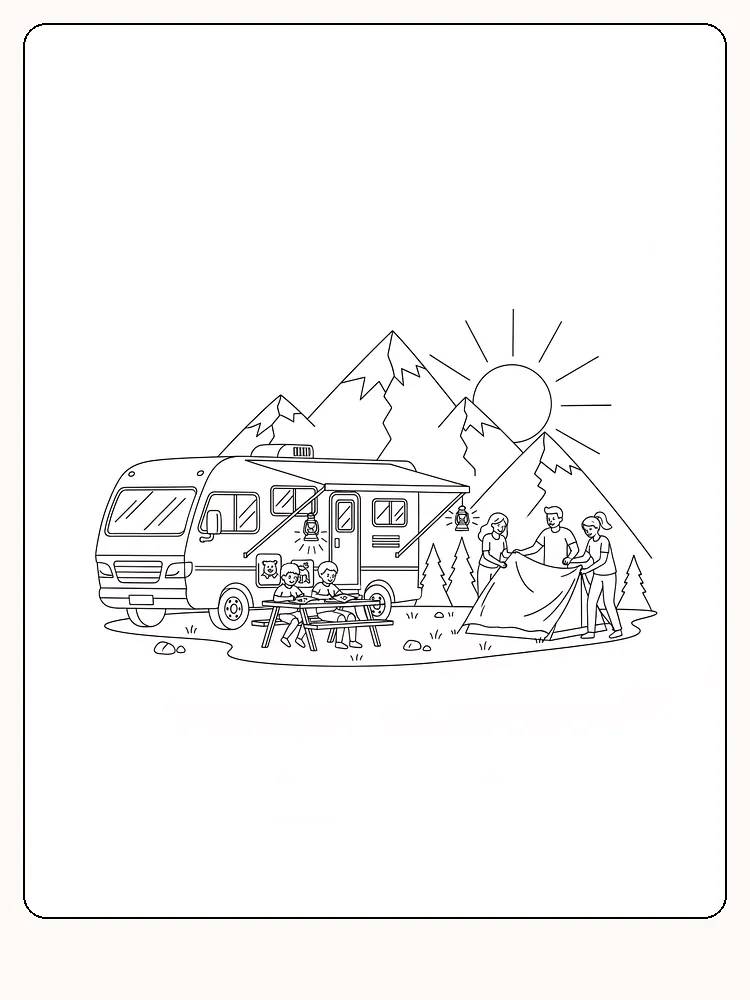 Tegning til farvelægning af en familie på campingtur i bjergene med solen i baggrunden