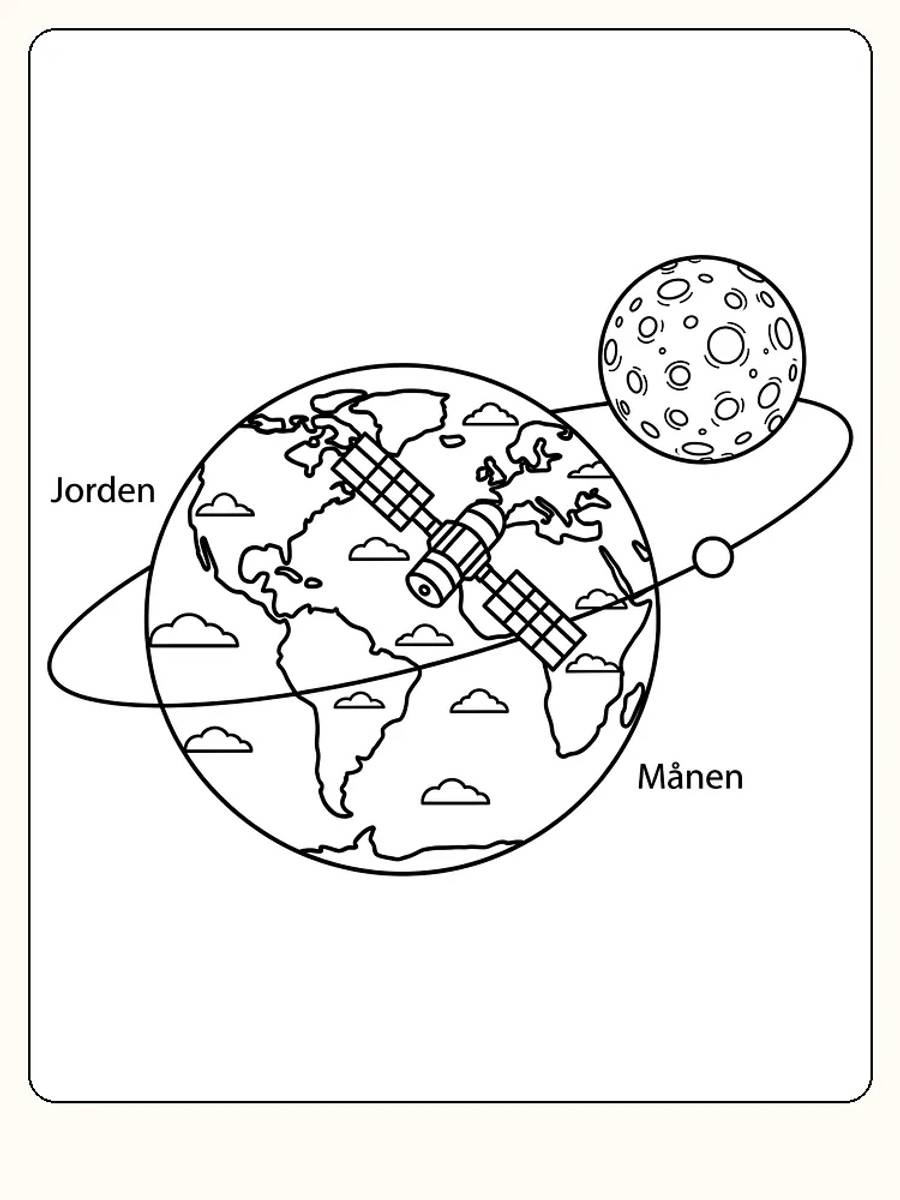 Fargeleggingsbilde av jordkloden, satellitt og månen for utskrift
