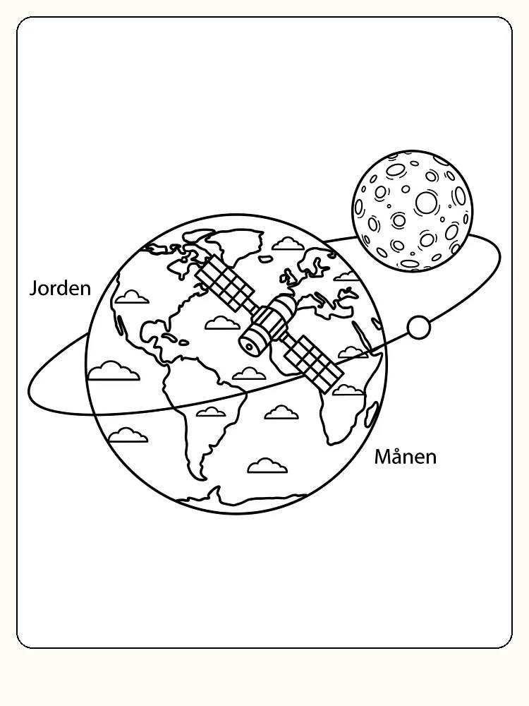 Fargeleggingsbilde av jordkloden, satellitt og månen for utskrift